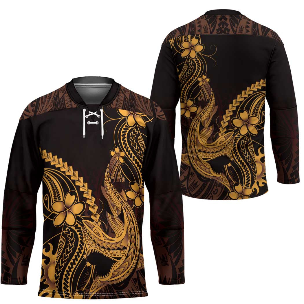 Gold Black Aloha Hawaii Hockey Jersey Polynesian Shark Tattoo With Plumeria - Polynesian Pride