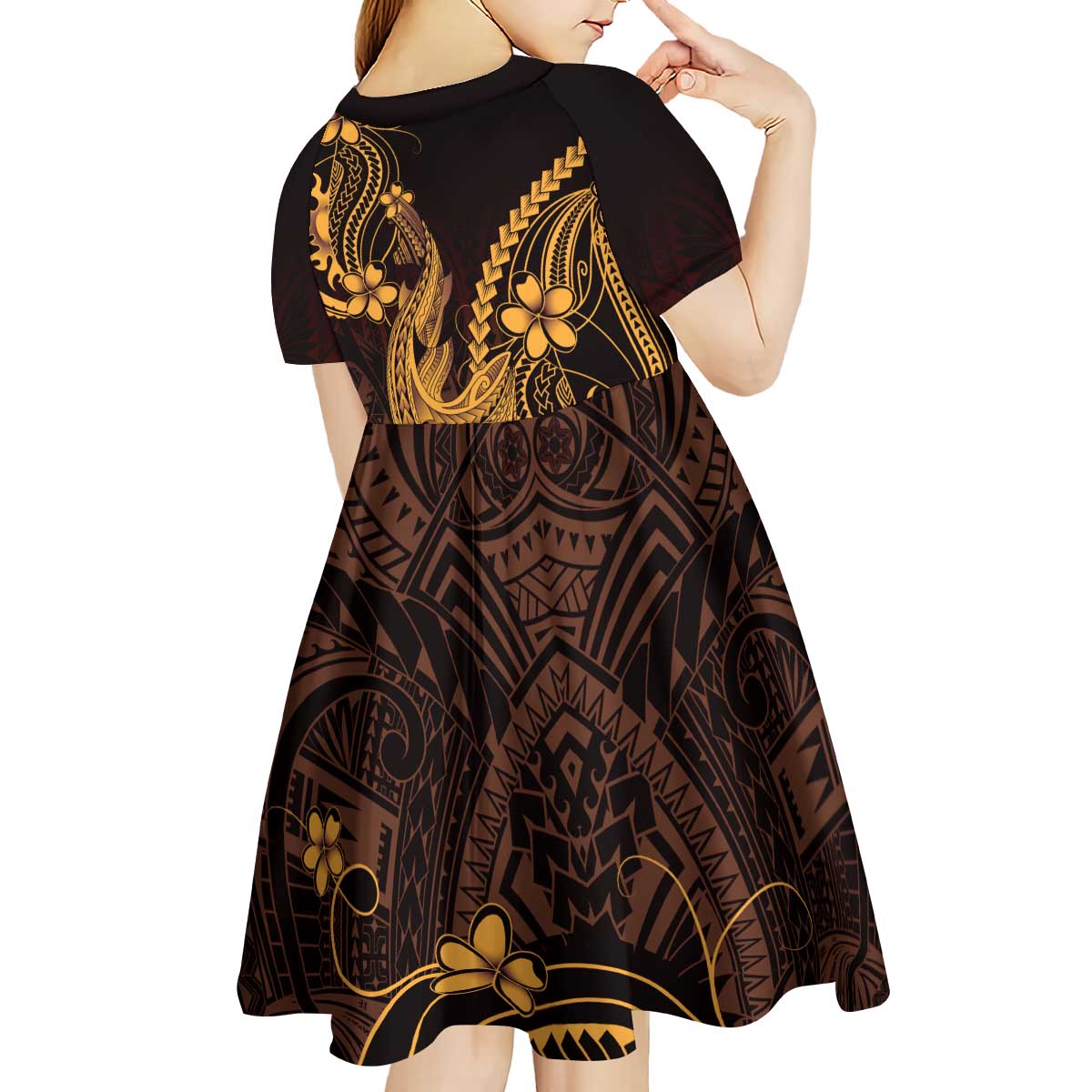 Gold Black Aloha Hawaii Kid Short Sleeve Dress Polynesian Shark Tattoo With Plumeria LT14 - Polynesian Pride