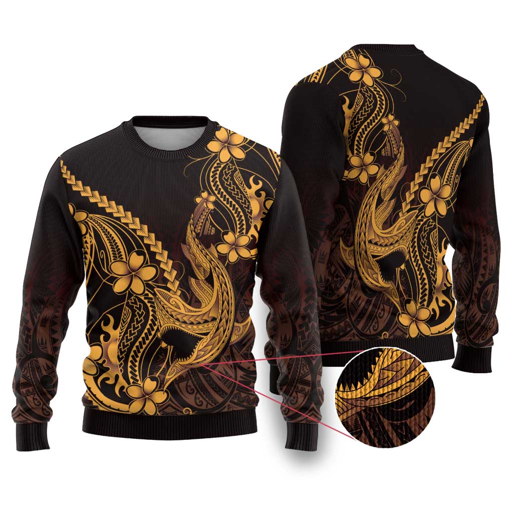 Gold Black Aloha Hawaii Ugly Christmas Sweater Polynesian Shark Tattoo With Plumeria LT14 Gold - Polynesian Pride