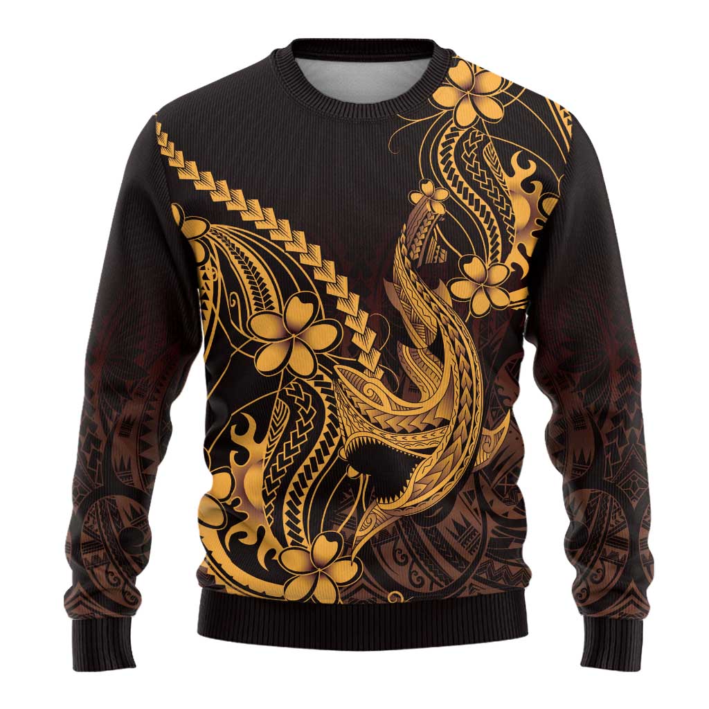 Gold Black Aloha Hawaii Ugly Christmas Sweater Polynesian Shark Tattoo With Plumeria LT14 - Polynesian Pride