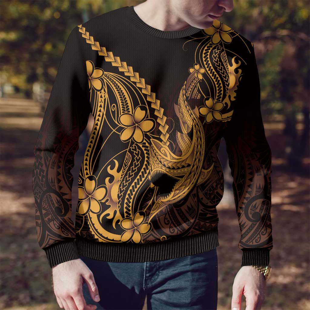 Gold Black Aloha Hawaii Ugly Christmas Sweater Polynesian Shark Tattoo With Plumeria LT14 - Polynesian Pride