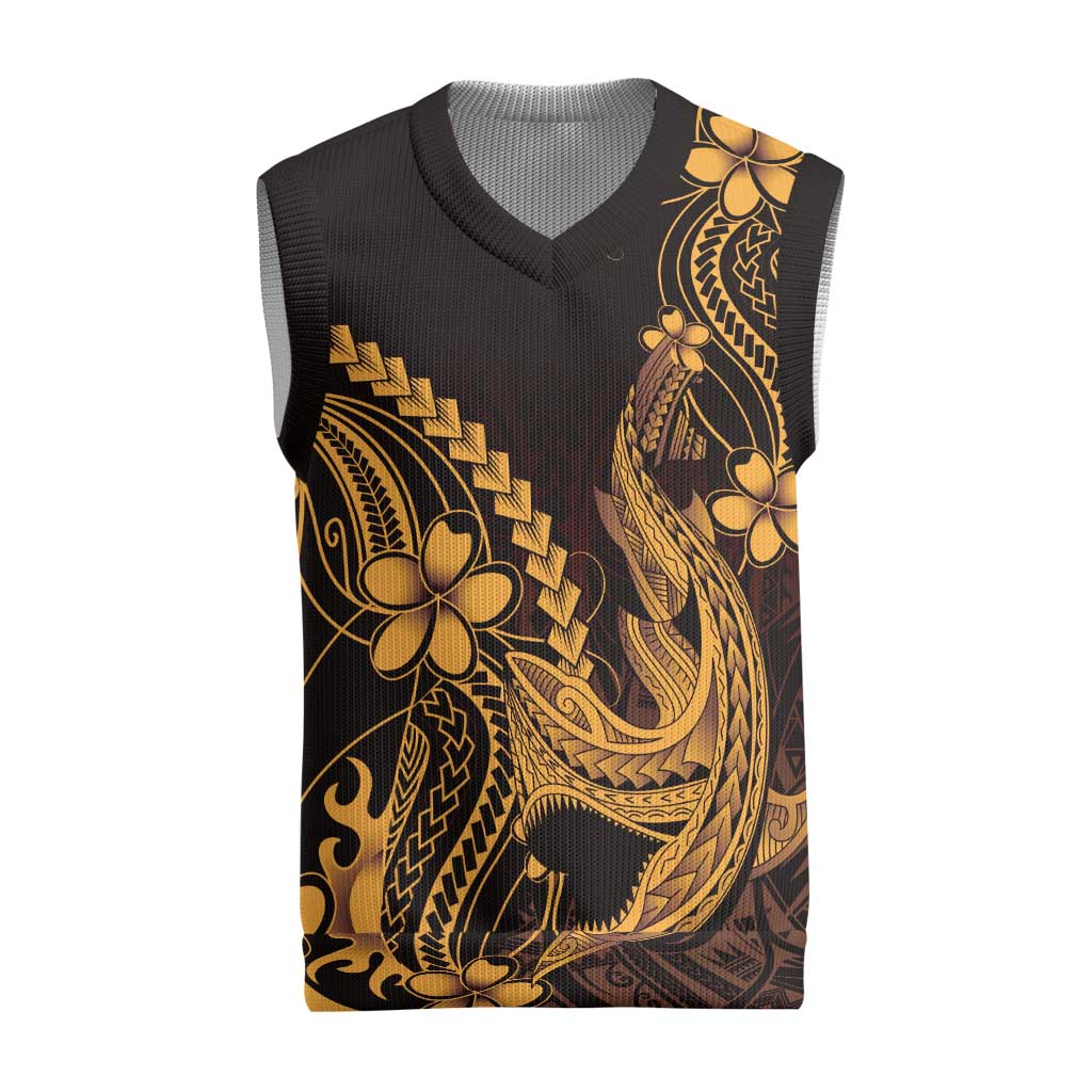 Gold Black Aloha Hawaii Christmas Knitted V-Neck Vest Polynesian Shark Tattoo With Plumeria LT14 Gold - Polynesian Pride