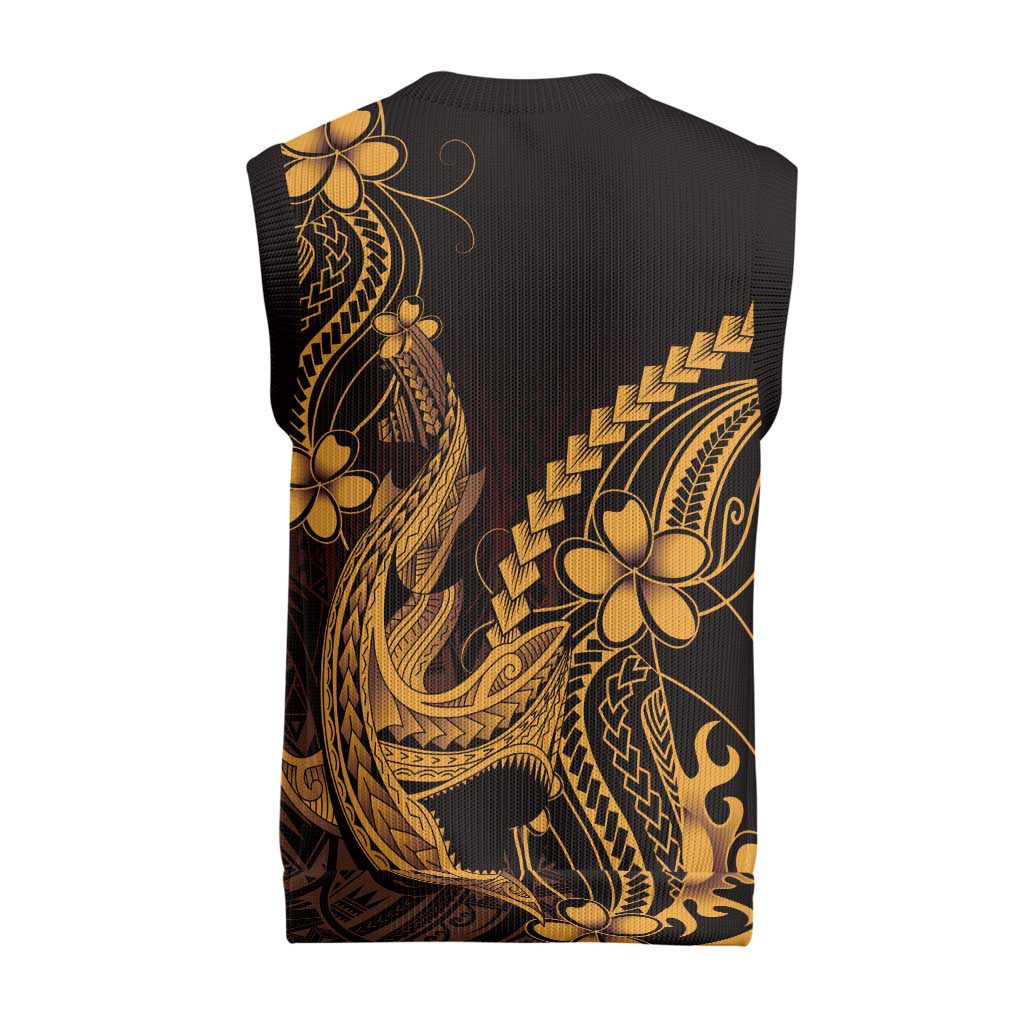 Gold Black Aloha Hawaii Christmas Knitted V-Neck Vest Polynesian Shark Tattoo With Plumeria LT14 - Polynesian Pride