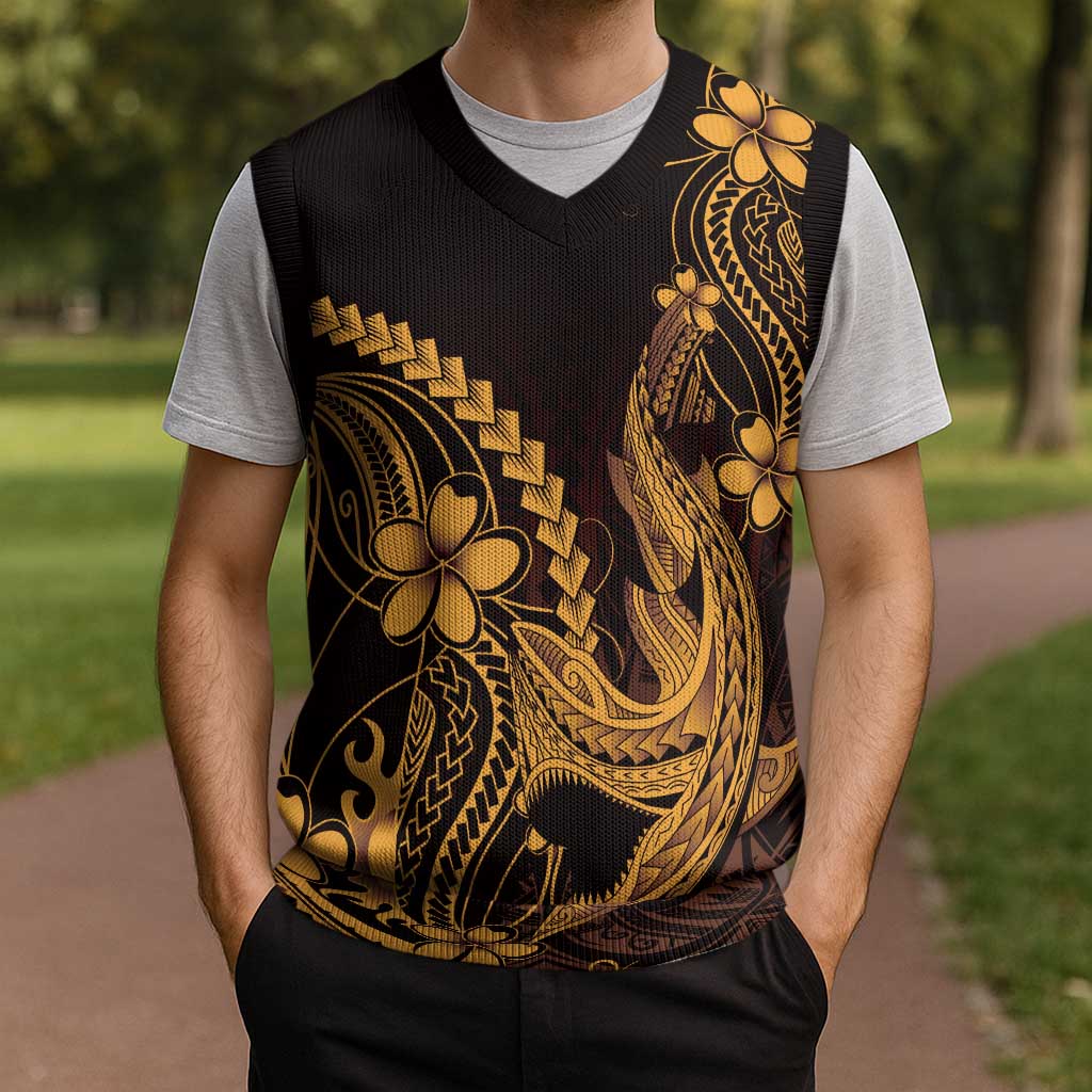 Gold Black Aloha Hawaii Christmas Knitted V-Neck Vest Polynesian Shark Tattoo With Plumeria LT14 - Polynesian Pride