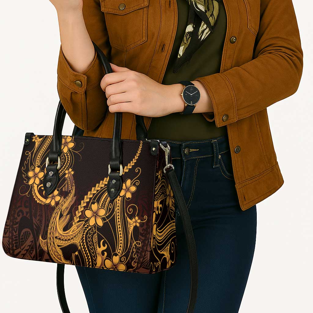 Gold Black Aloha Hawaii Leather Bag Polynesian Shark Tattoo With Plumeria - Polynesian Pride