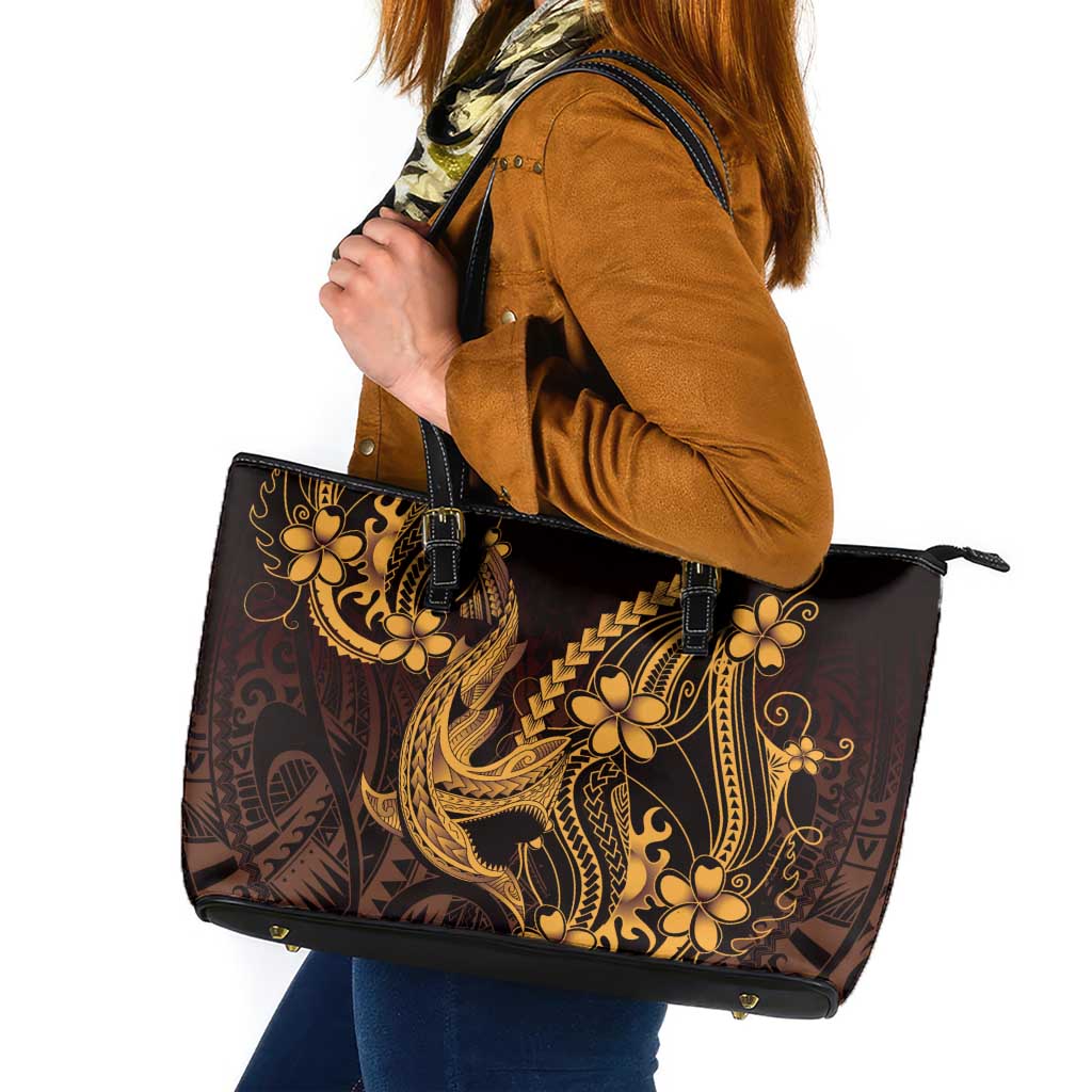 Gold Black Aloha Hawaii Leather Tote Bag Polynesian Shark Tattoo With Plumeria LT14 Gold - Polynesian Pride