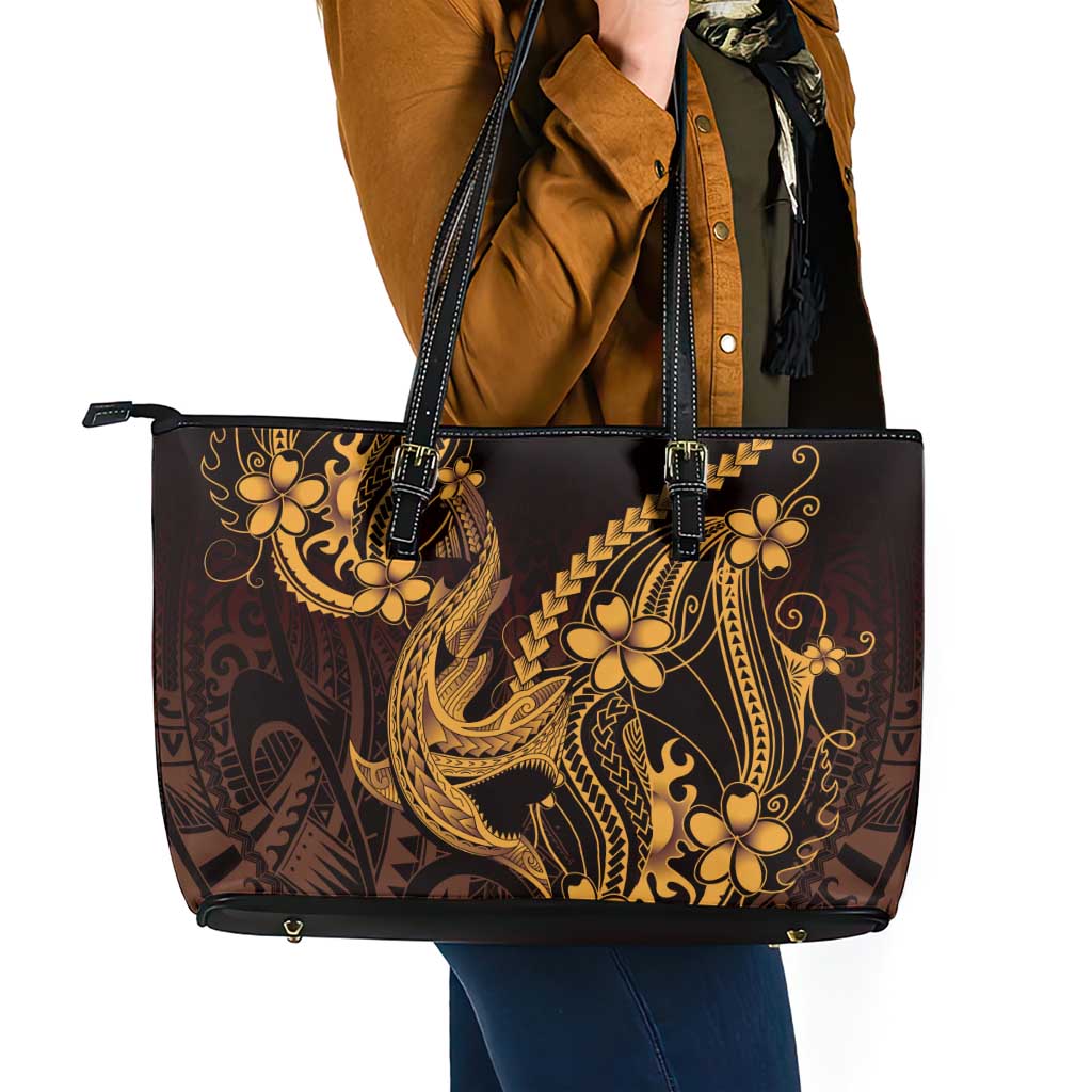 Gold Black Aloha Hawaii Leather Tote Bag Polynesian Shark Tattoo With Plumeria LT14 - Polynesian Pride