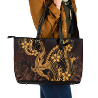 Gold Black Aloha Hawaii Leather Tote Bag Polynesian Shark Tattoo With Plumeria LT14 - Polynesian Pride