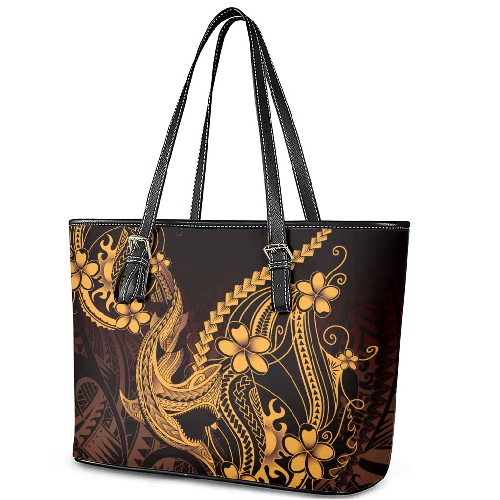 Gold Black Aloha Hawaii Leather Tote Bag Polynesian Shark Tattoo With Plumeria LT14 - Polynesian Pride