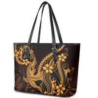 Gold Black Aloha Hawaii Leather Tote Bag Polynesian Shark Tattoo With Plumeria LT14 - Polynesian Pride