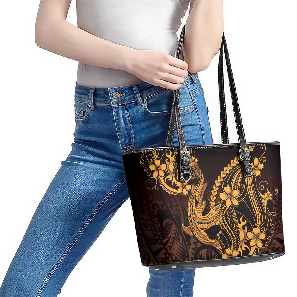 Gold Black Aloha Hawaii Leather Tote Bag Polynesian Shark Tattoo With Plumeria LT14 - Polynesian Pride