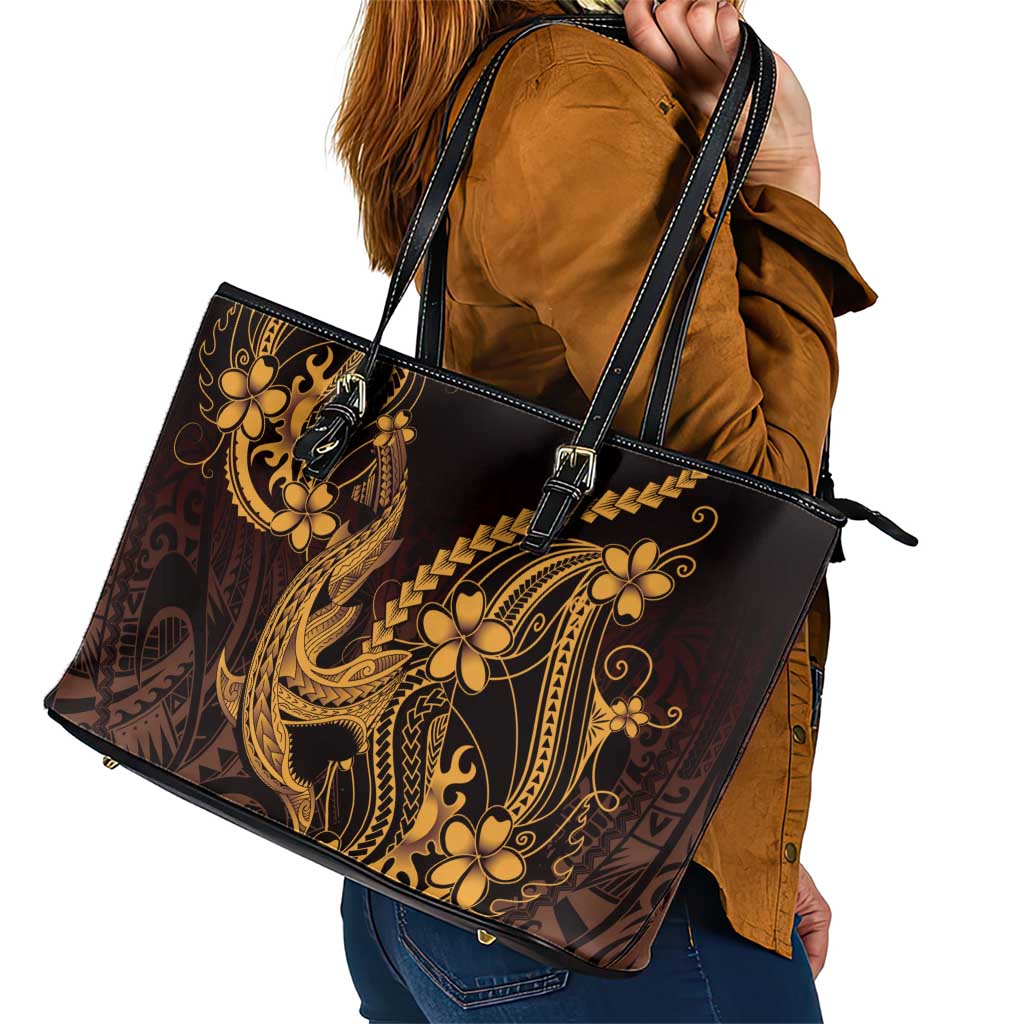 Gold Black Aloha Hawaii Leather Tote Bag Polynesian Shark Tattoo With Plumeria LT14 - Polynesian Pride