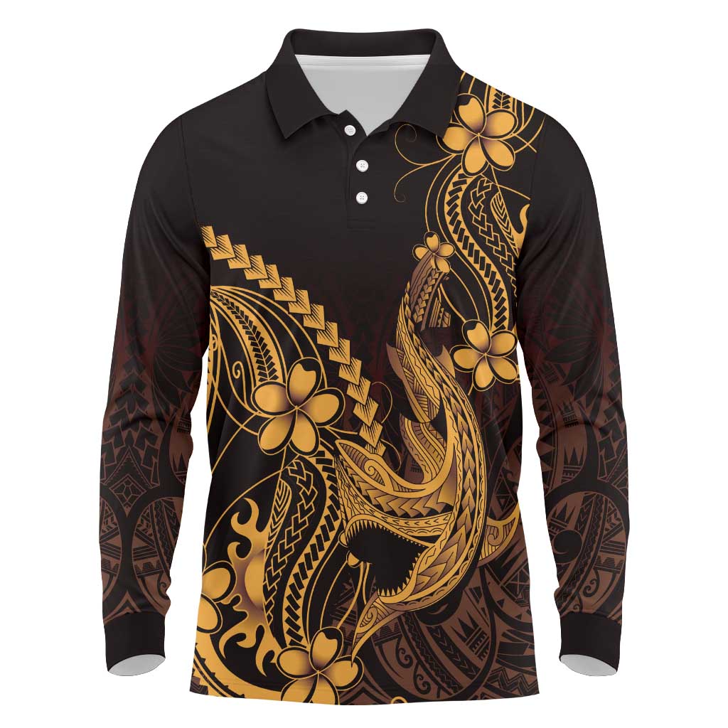 Gold Black Aloha Hawaii Long Sleeve Polo Shirt Polynesian Shark Tattoo With Plumeria LT14 Gold - Polynesian Pride