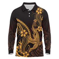 Gold Black Aloha Hawaii Long Sleeve Polo Shirt Polynesian Shark Tattoo With Plumeria LT14 Gold - Polynesian Pride