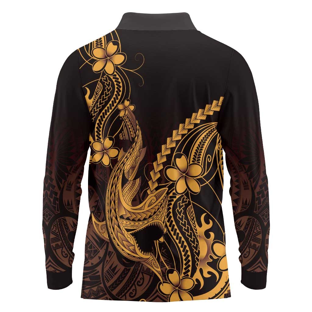 Gold Black Aloha Hawaii Long Sleeve Polo Shirt Polynesian Shark Tattoo With Plumeria LT14 - Polynesian Pride
