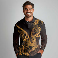 Gold Black Aloha Hawaii Long Sleeve Polo Shirt Polynesian Shark Tattoo With Plumeria LT14 - Polynesian Pride