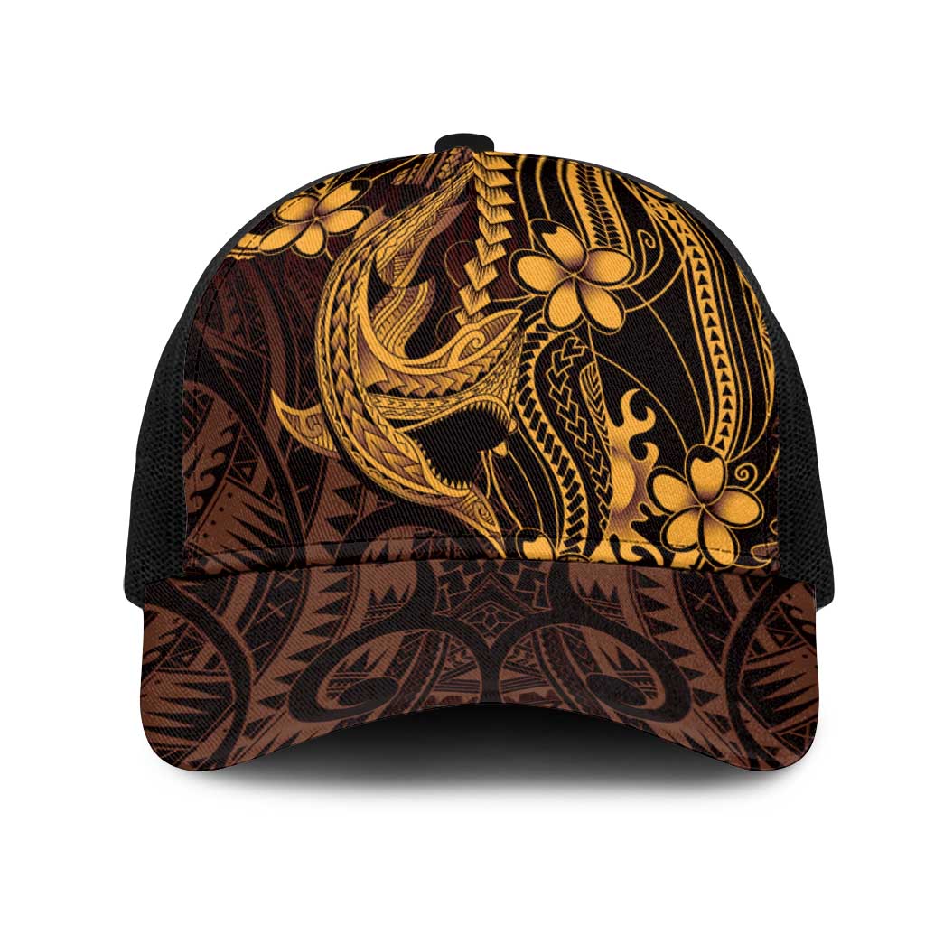 Gold Black Aloha Hawaii Mesh Trucker Cap Polynesian Shark Tattoo With Plumeria - Polynesian Pride