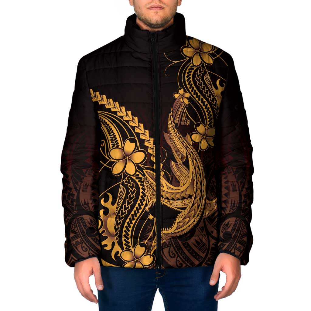 Gold Black Aloha Hawaii Padded Jacket Polynesian Shark Tattoo With Plumeria LT14 Men Gold - Polynesian Pride