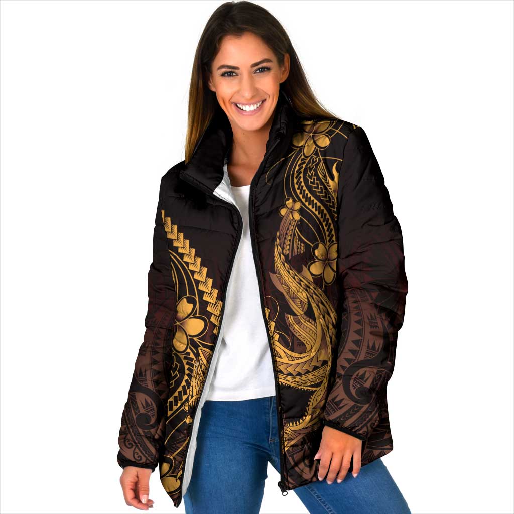 Gold Black Aloha Hawaii Padded Jacket Polynesian Shark Tattoo With Plumeria LT14 Women Gold - Polynesian Pride