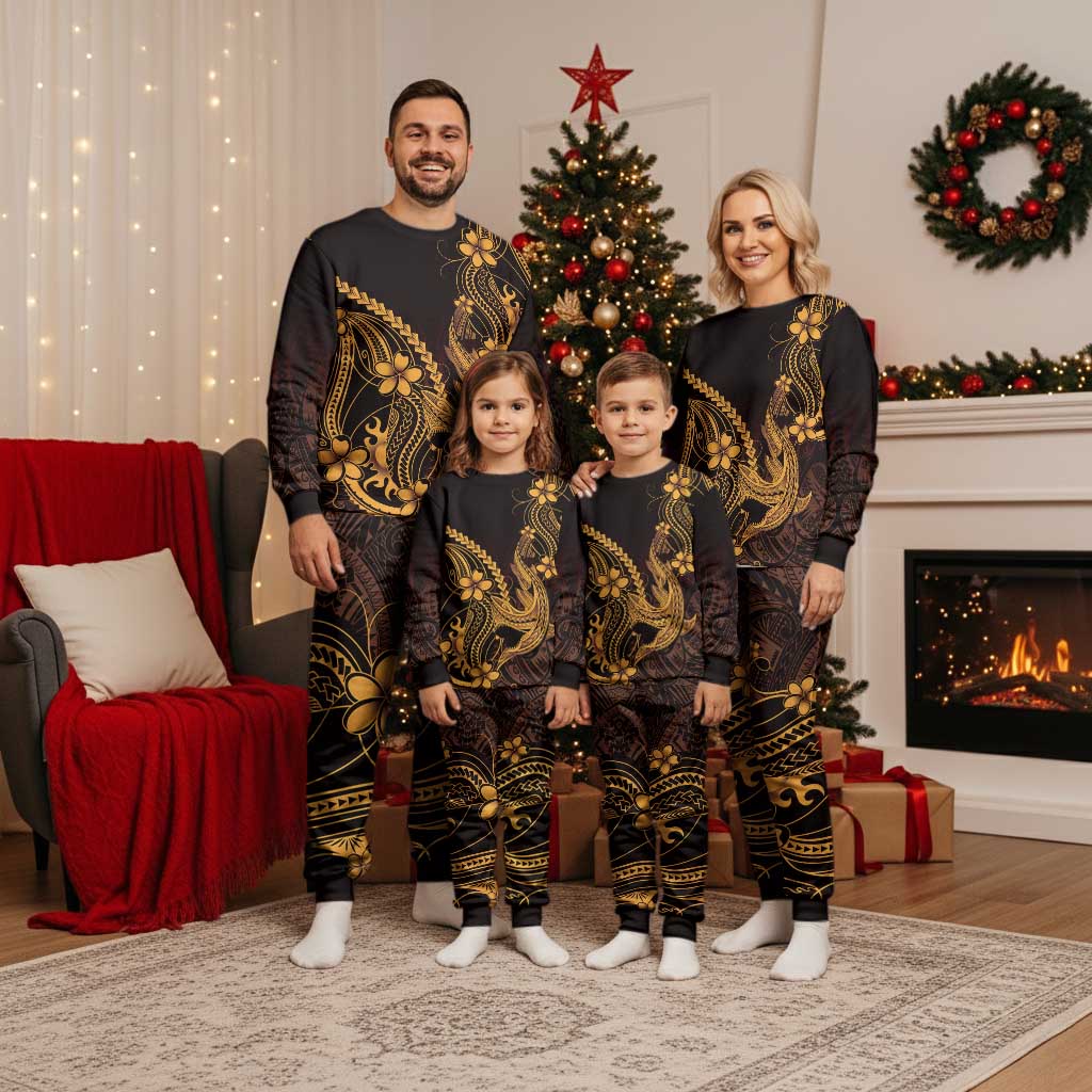 Gold Black Aloha Hawaii Christmas Pajama Set Polynesian Shark Tattoo With Plumeria - Polynesian Pride