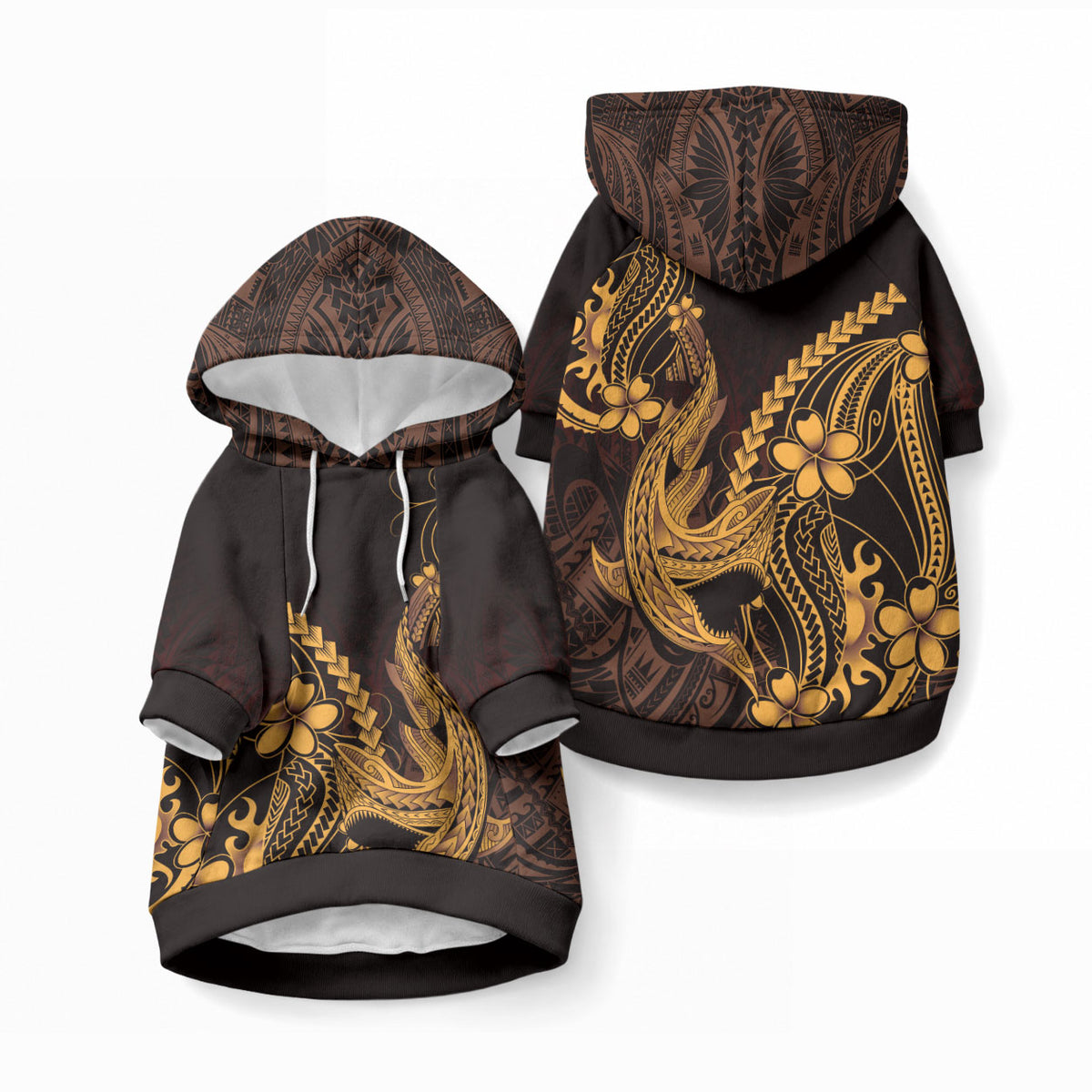 Gold Black Aloha Hawaii Pet Hoodie Polynesian Shark Tattoo With Plumeria