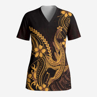 Gold Black Aloha Hawaii Scrub Top Polynesian Shark Tattoo With Plumeria LT14 Adult Gold - Polynesian Pride
