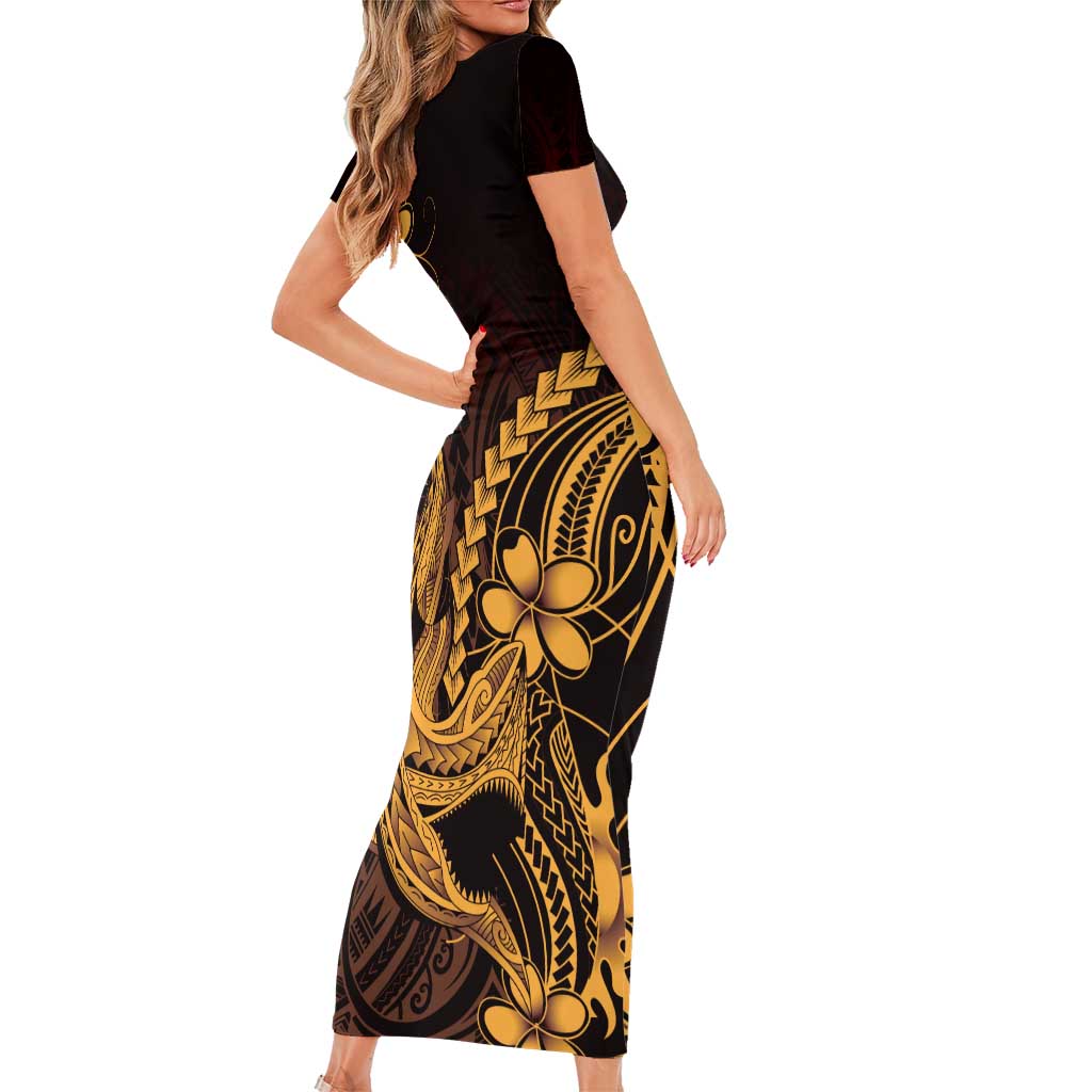Gold Black Aloha Hawaii Short Sleeve Bodycon Dress Polynesian Shark Tattoo With Plumeria LT14 - Polynesian Pride