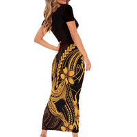 Gold Black Aloha Hawaii Short Sleeve Bodycon Dress Polynesian Shark Tattoo With Plumeria LT14 - Polynesian Pride