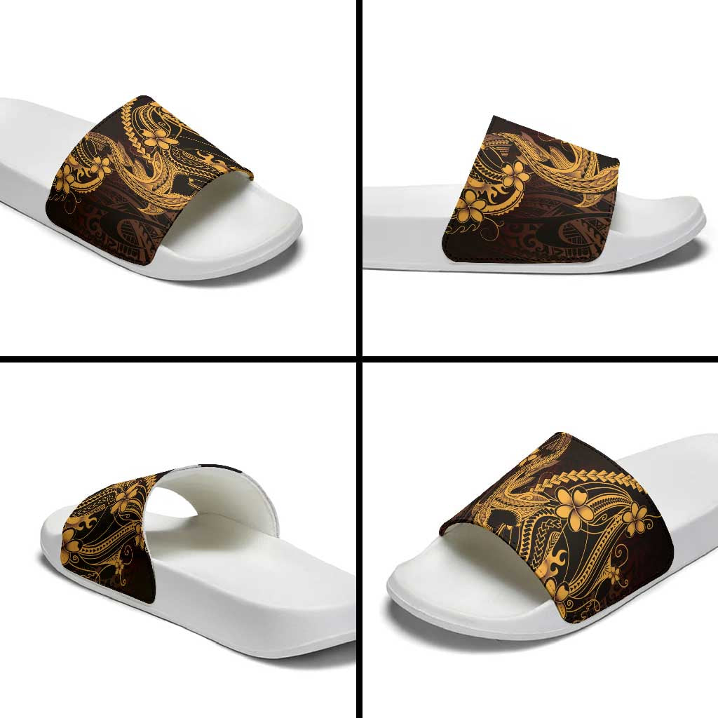 Gold Black Aloha Hawaii Slide Sandals Polynesian Shark Tattoo With Plumeria - Polynesian Pride