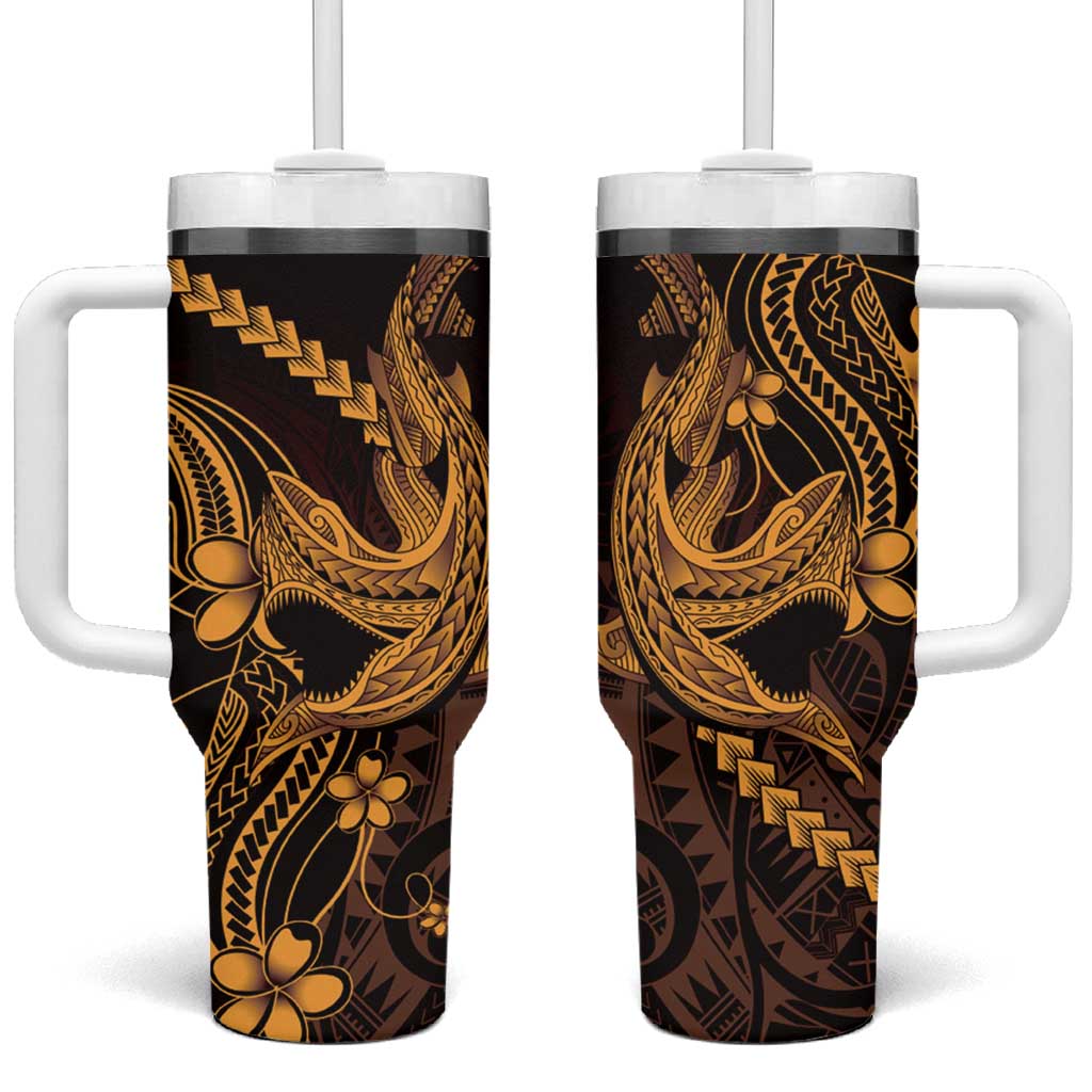 Gold Black Aloha Hawaii Tumbler With Handle Polynesian Shark Tattoo With Plumeria LT14 One Size: 40 oz Gold - Polynesian Pride