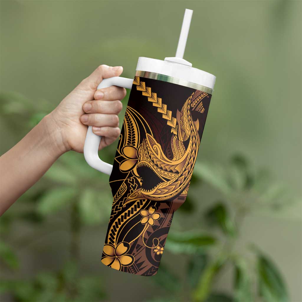 Gold Black Aloha Hawaii Tumbler With Handle Polynesian Shark Tattoo With Plumeria LT14 - Polynesian Pride