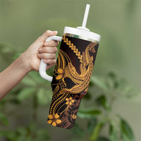 Gold Black Aloha Hawaii Tumbler With Handle Polynesian Shark Tattoo With Plumeria LT14 - Polynesian Pride