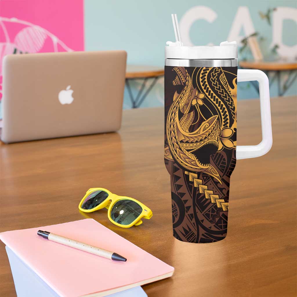 Gold Black Aloha Hawaii Tumbler With Handle Polynesian Shark Tattoo With Plumeria LT14 - Polynesian Pride