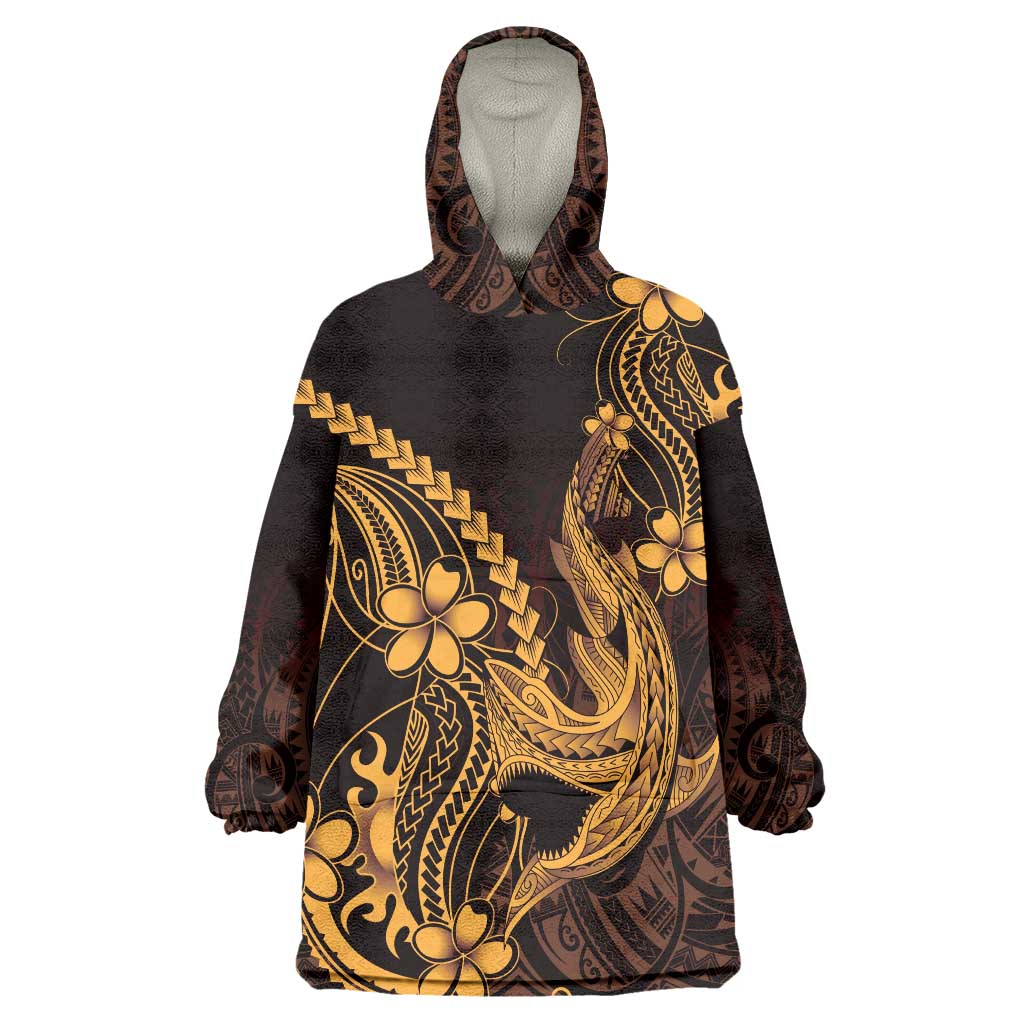 Gold Black Aloha Hawaii Wearable Blanket Hoodie Polynesian Shark Tattoo With Plumeria LT14 One Size Gold - Polynesian Pride
