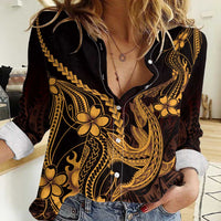 Gold Black Aloha Hawaii Women Casual Shirt Polynesian Shark Tattoo With Plumeria LT14 Female Gold - Polynesian Pride