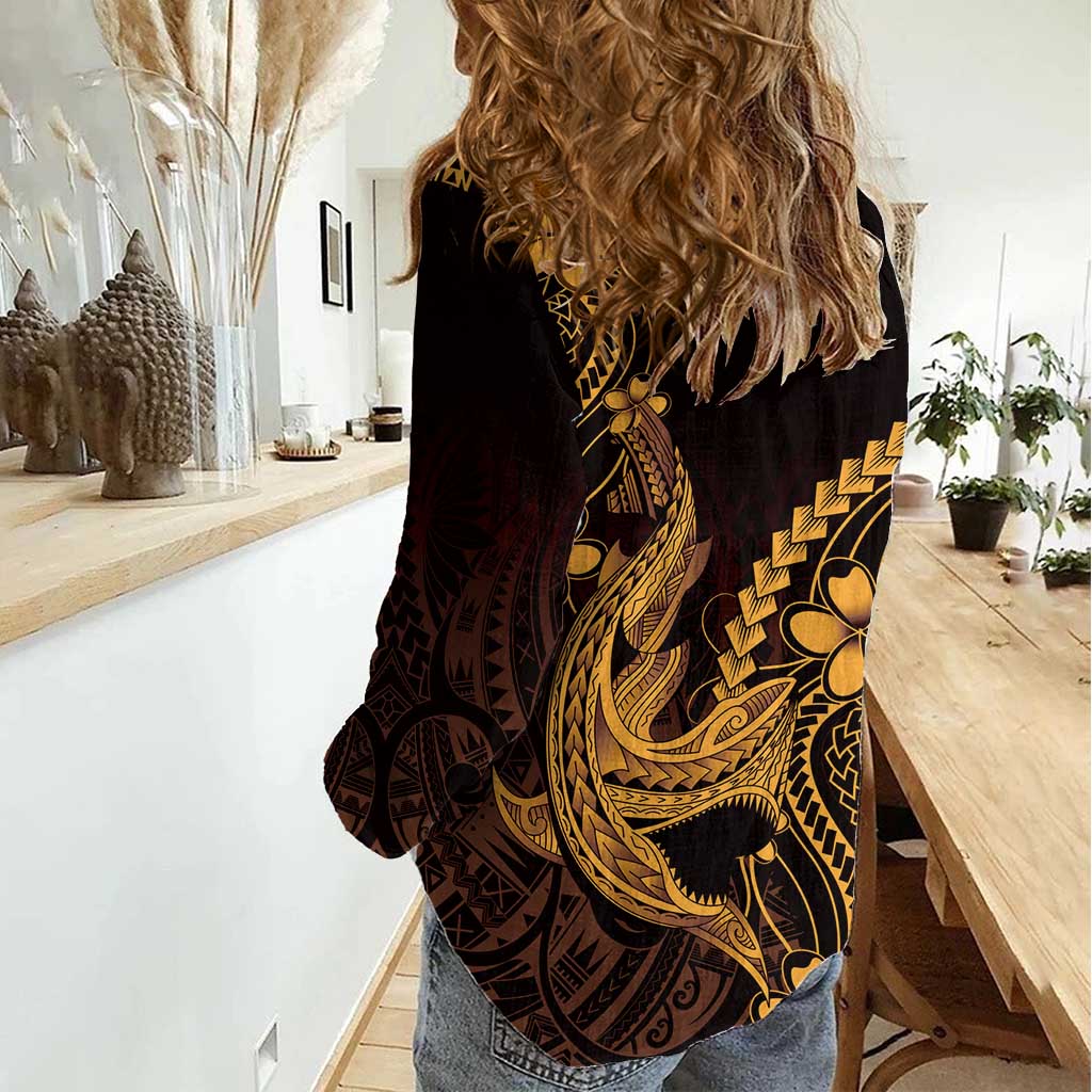 Gold Black Aloha Hawaii Women Casual Shirt Polynesian Shark Tattoo With Plumeria LT14 - Polynesian Pride
