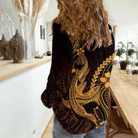 Gold Black Aloha Hawaii Women Casual Shirt Polynesian Shark Tattoo With Plumeria LT14 - Polynesian Pride