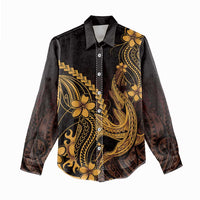 Gold Black Aloha Hawaii Women Casual Shirt Polynesian Shark Tattoo With Plumeria LT14 - Polynesian Pride