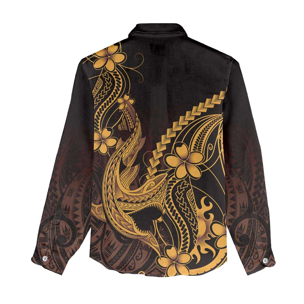 Gold Black Aloha Hawaii Women Casual Shirt Polynesian Shark Tattoo With Plumeria LT14 - Polynesian Pride