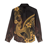 Gold Black Aloha Hawaii Women Casual Shirt Polynesian Shark Tattoo With Plumeria LT14 - Polynesian Pride