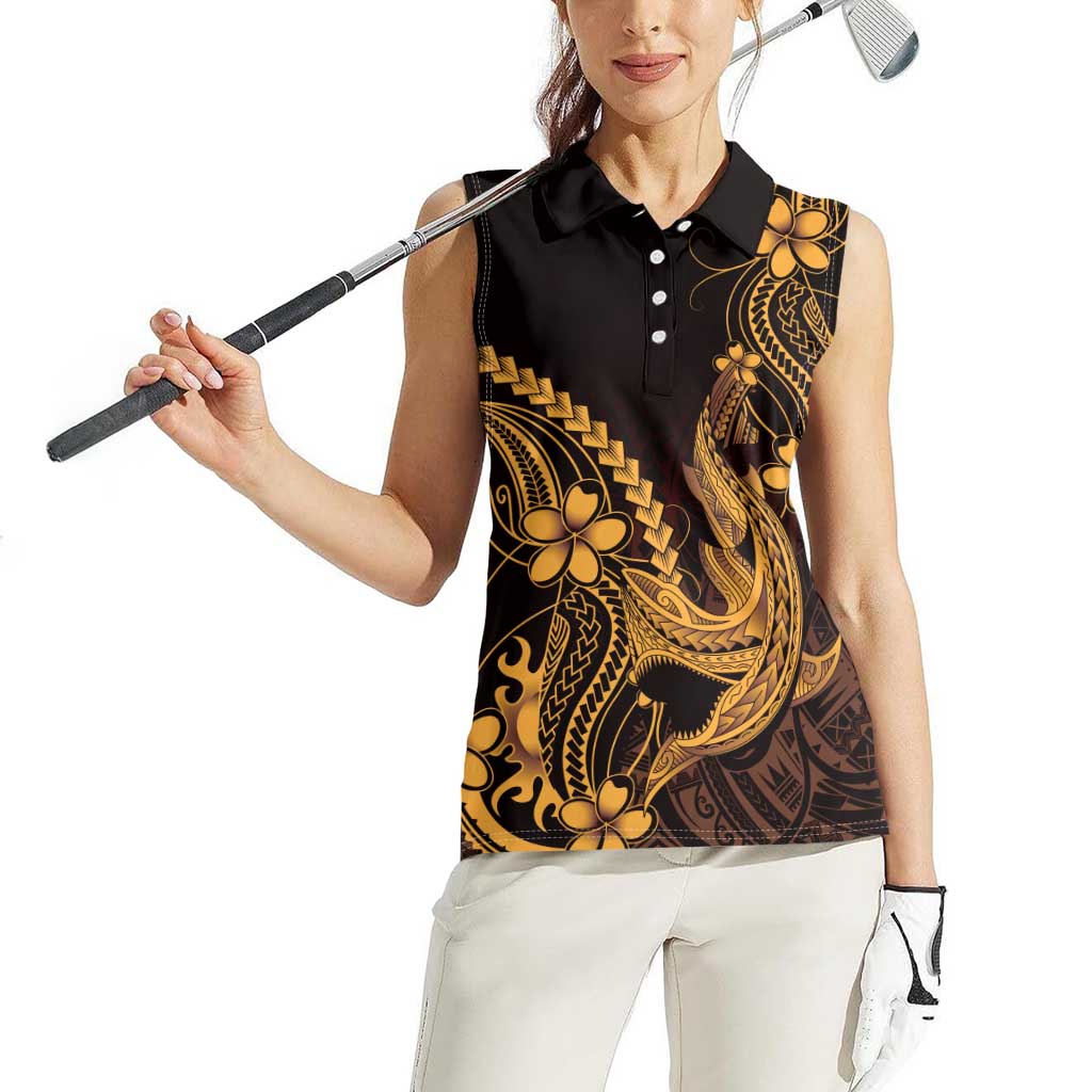 Gold Black Aloha Hawaii Women Sleeveless Polo Shirt Polynesian Shark Tattoo With Plumeria LT14 - Polynesian Pride