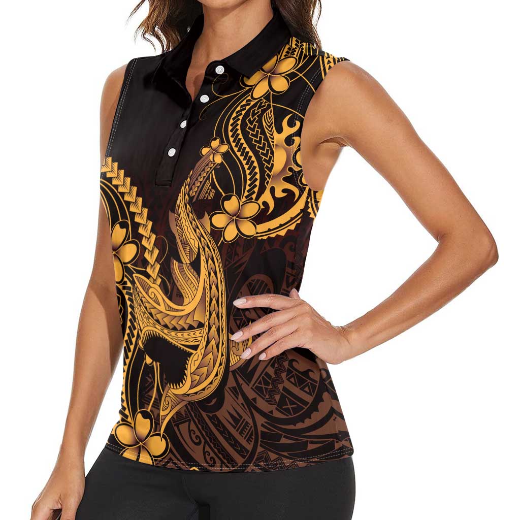 Gold Black Aloha Hawaii Women Sleeveless Polo Shirt Polynesian Shark Tattoo With Plumeria LT14 - Polynesian Pride