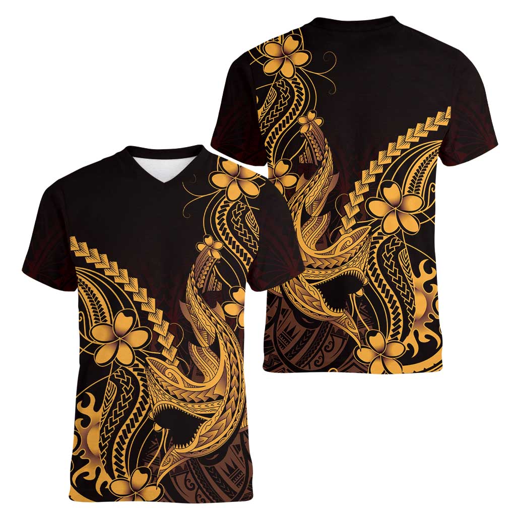 Gold Black Aloha Hawaii Women V-Neck T-Shirt Polynesian Shark Tattoo With Plumeria LT14 - Polynesian Pride