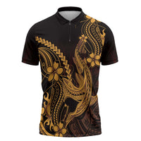 Gold Black Aloha Hawaii Zipper Polo Shirt Polynesian Shark Tattoo With Plumeria LT14 Gold - Polynesian Pride