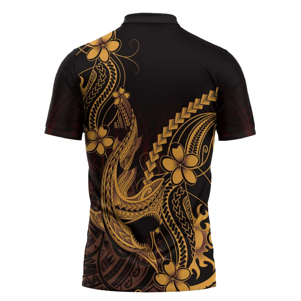Gold Black Aloha Hawaii Zipper Polo Shirt Polynesian Shark Tattoo With Plumeria LT14 - Polynesian Pride
