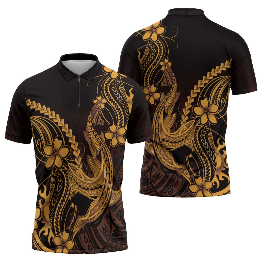 Gold Black Aloha Hawaii Zipper Polo Shirt Polynesian Shark Tattoo With Plumeria LT14 - Polynesian Pride