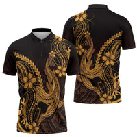 Gold Black Aloha Hawaii Zipper Polo Shirt Polynesian Shark Tattoo With Plumeria LT14 - Polynesian Pride
