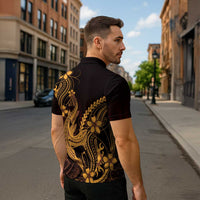 Gold Black Aloha Hawaii Zipper Polo Shirt Polynesian Shark Tattoo With Plumeria LT14 - Polynesian Pride