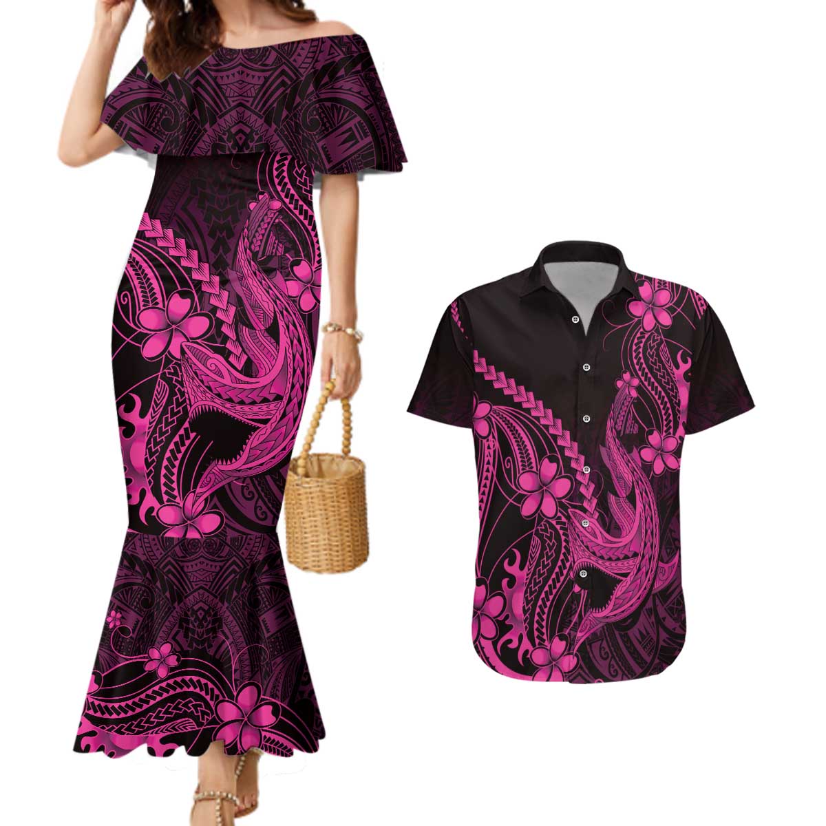 Pink Black Aloha Hawaii Couples Matching Mermaid Dress and Hawaiian Shirt Polynesian Shark Tattoo With Plumeria - Polynesian Pride