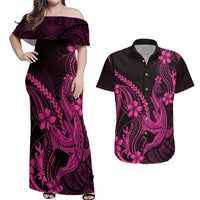 Pink Black Aloha Hawaii Couples Matching Off Shoulder Maxi Dress and Hawaiian Shirt Polynesian Shark Tattoo With Plumeria LT14 Pink - Polynesian Pride